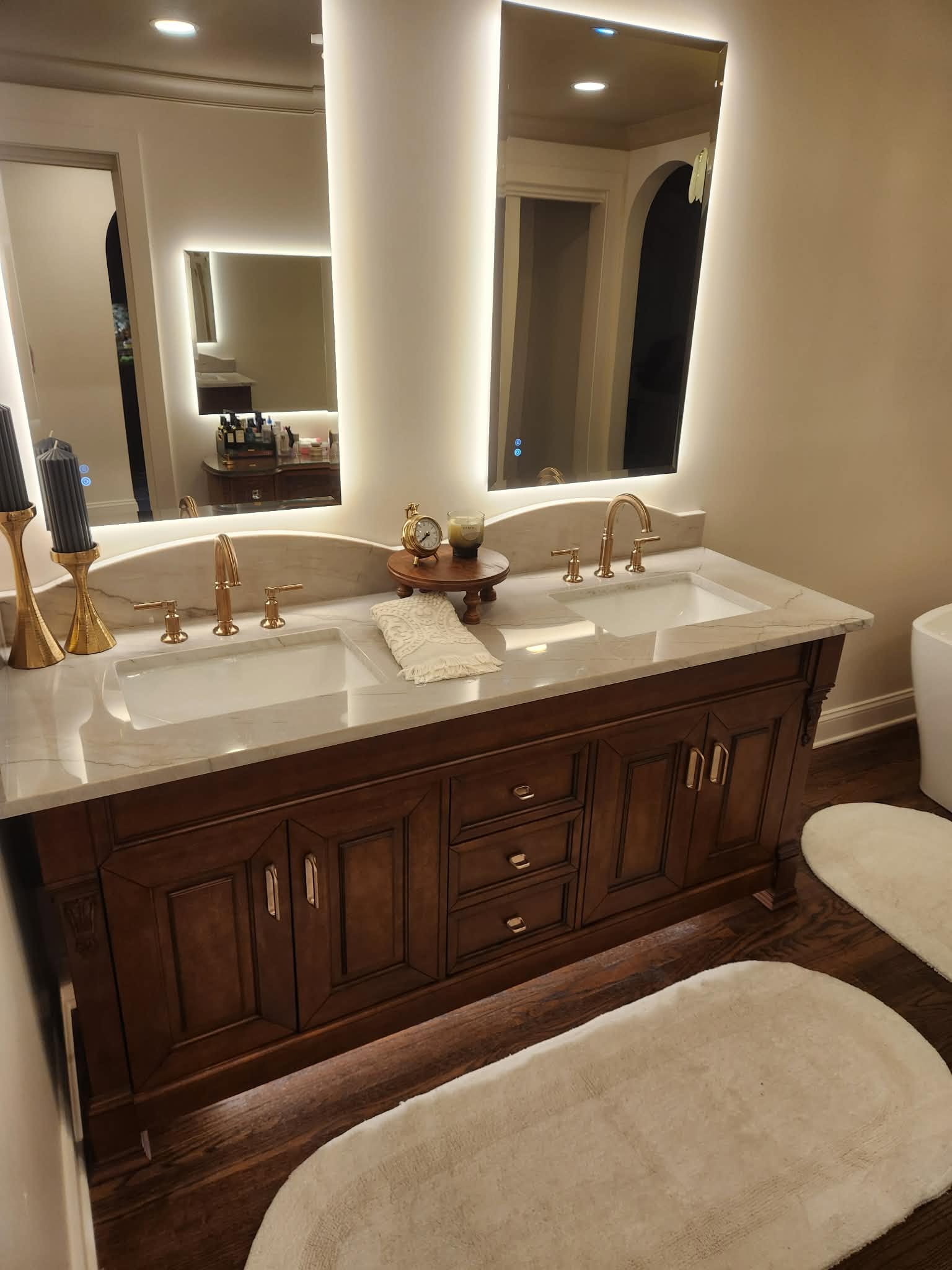 Finished double vanity bathroom plumbing